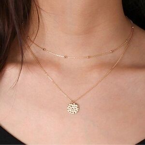 Gold 14k Gold Plated 2pc Hammered Pendant Beaded Necklace Set